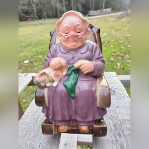 Vintage Japan Old Woman Rocking Chair Retirement Fund Piggy Bank Cat Bank